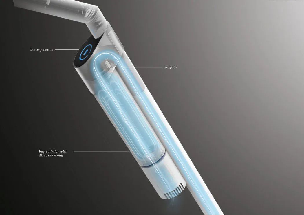How the air moves: up the tube, back down past the bag, out at the bottom.