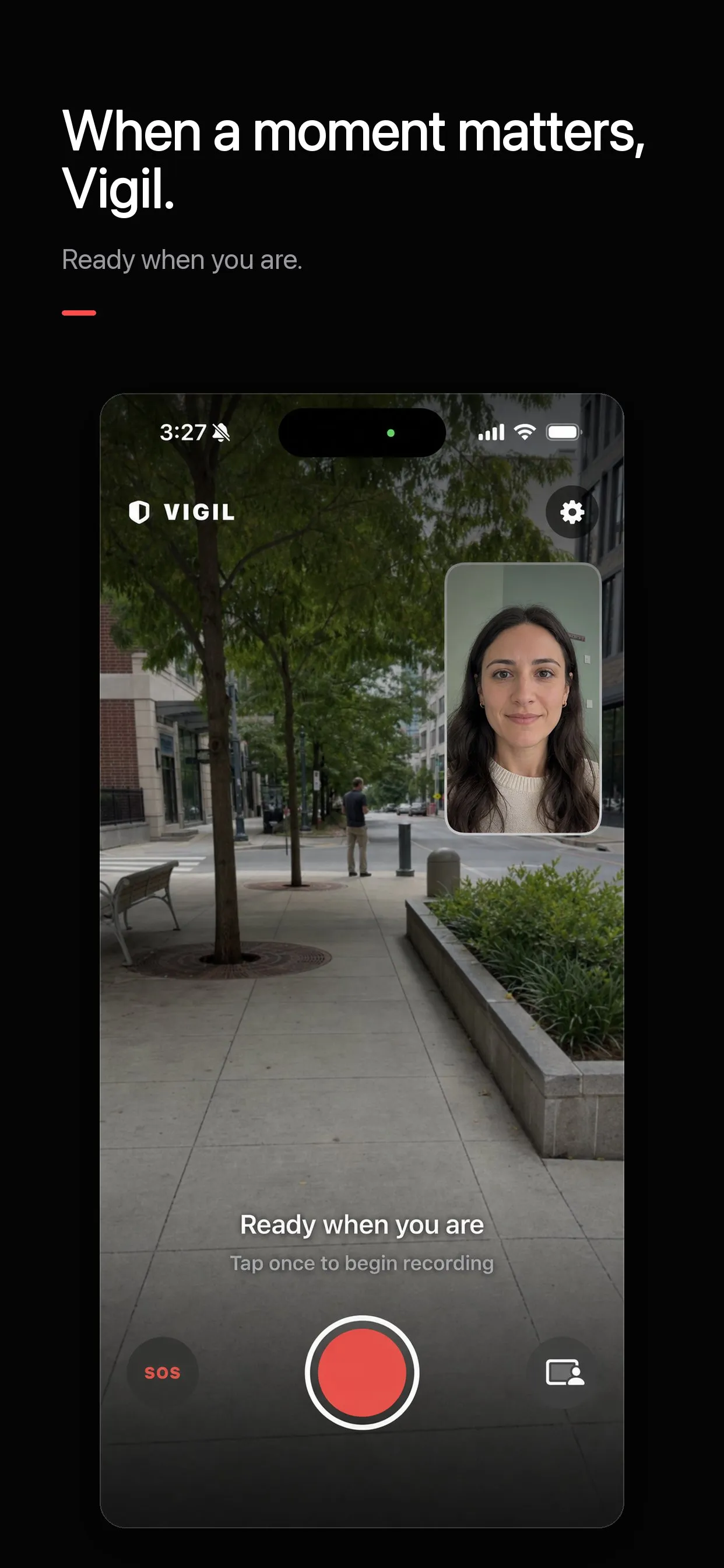 The main screen: one large record control, dual-camera preview, SOS in reach.