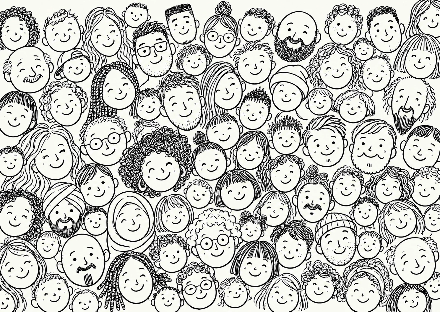 The solitary smiling face is now part of a dense, diverse community of hand-drawn faces. Karthik Kannan is beside Karthik; both are small members of the crowd.