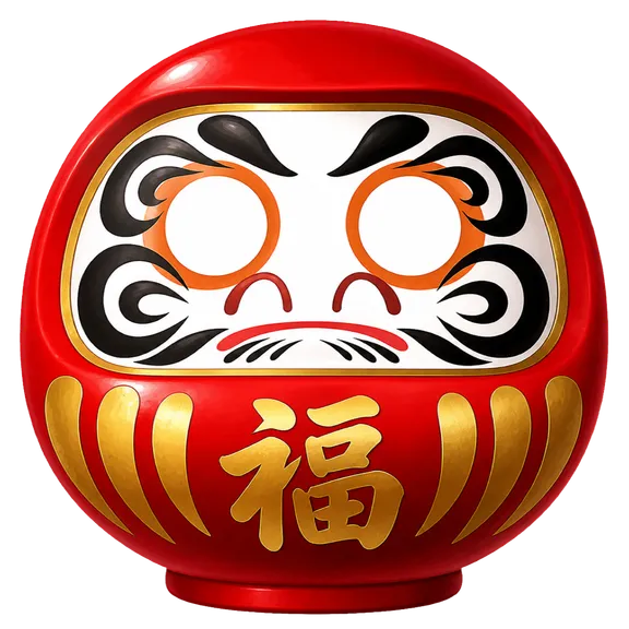 The daruma master in painted red and gold, both eyes left blank for the wish ritual