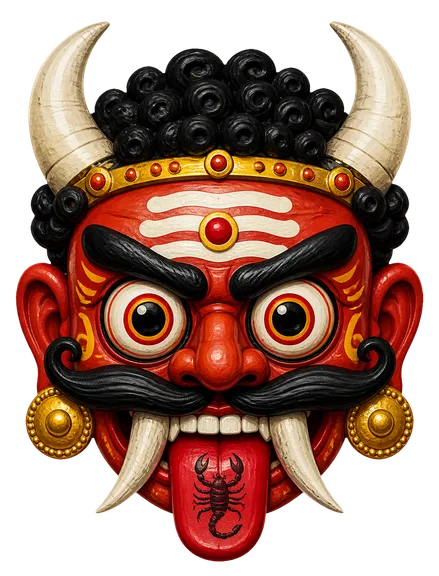 The drishti bommai master, a fierce red painted-clay guardian mask with white horns, tusks, a gem headband and a scorpion painted on its tongue