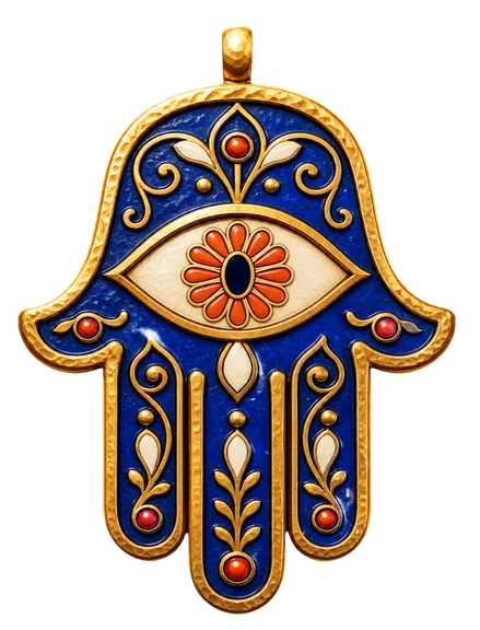 The hamsa master, cobalt enamel and hammered gold with a coral rosette eye at the center of the palm