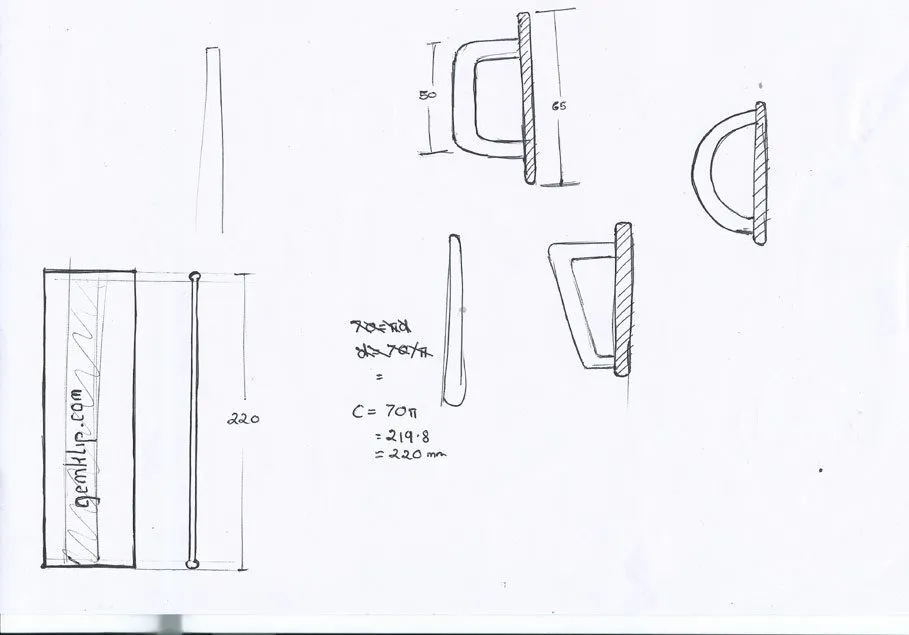 Hand sketches of handle profiles with dimensions, and the band drawn flat with its 220mm length worked out from a 70mm jar