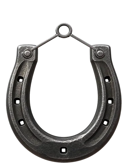 The horseshoe master, forged iron hung points up from a riveted yoke, with seven punched nail holes