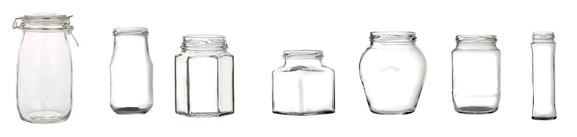 Seven empty jars side by side, no two alike: a clip-top storage jar, a tapered sauce bottle, a hexagonal jam jar, a squat square jar, a round-bellied pickle jar, a straight honey jar and a tall narrow bottle