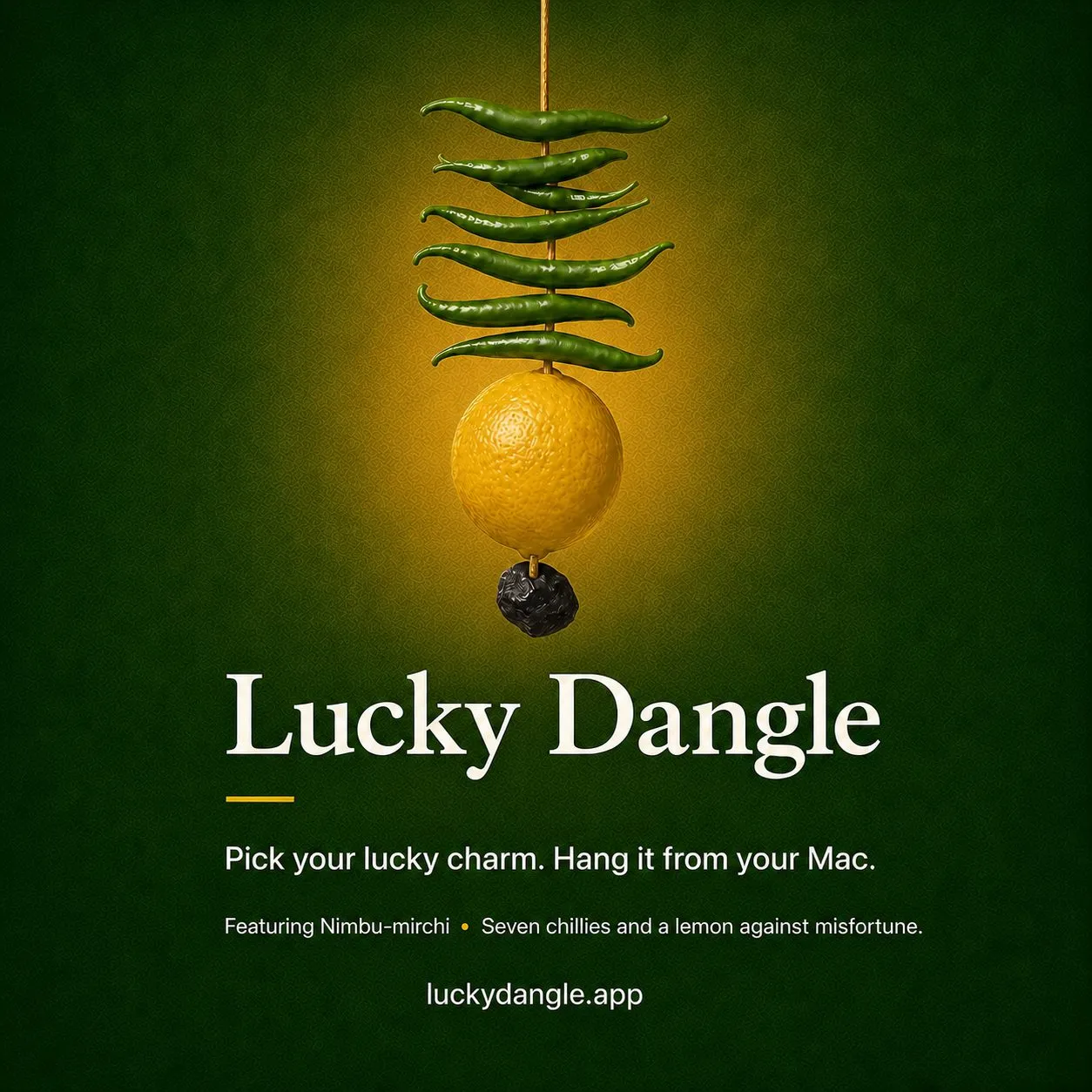 Launch poster for the nimbu-mirchi charm, seven chilies and a lemon glowing against deep green