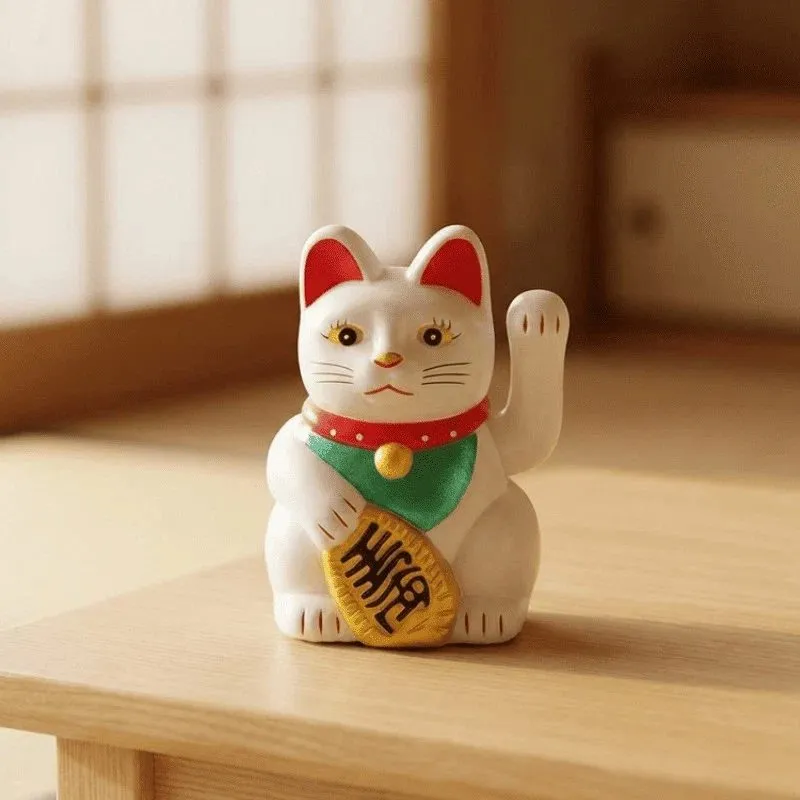 A ceramic maneki-neko with its paw raised, sitting in warm light on a wooden shelf