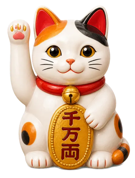 The maneki-neko master, a glossy calico beckoning cat with a red collar, gold bell and a gold koban coin