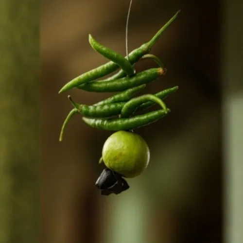 A real nimbu-mirchi hanging from a thread: seven green chilies stacked above a lime and a lump of coal