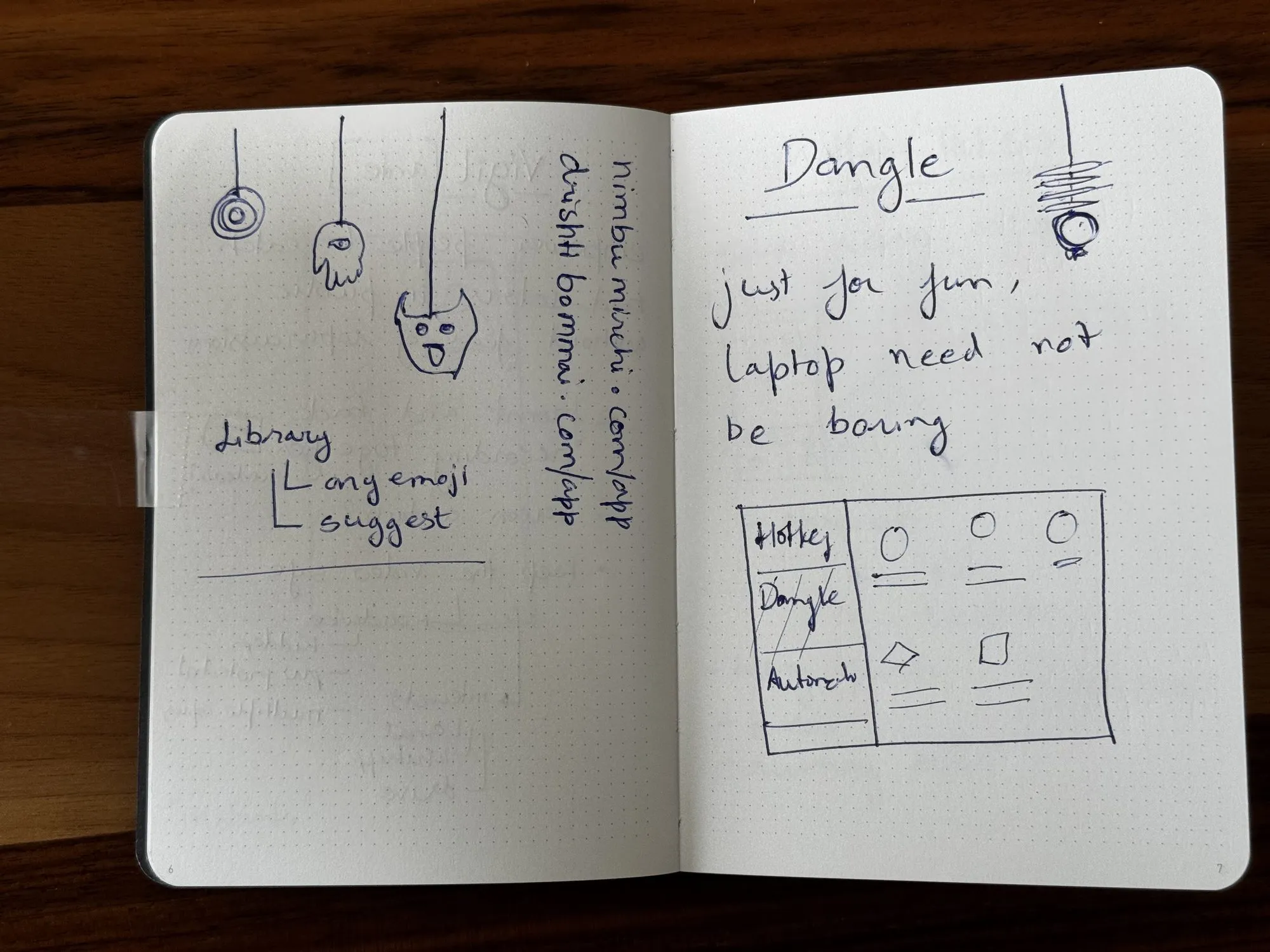 The first notebook spread: charm doodles hanging from threads, a library with any-emoji and suggest entries, and the note “just for fun, laptop need not be boring”