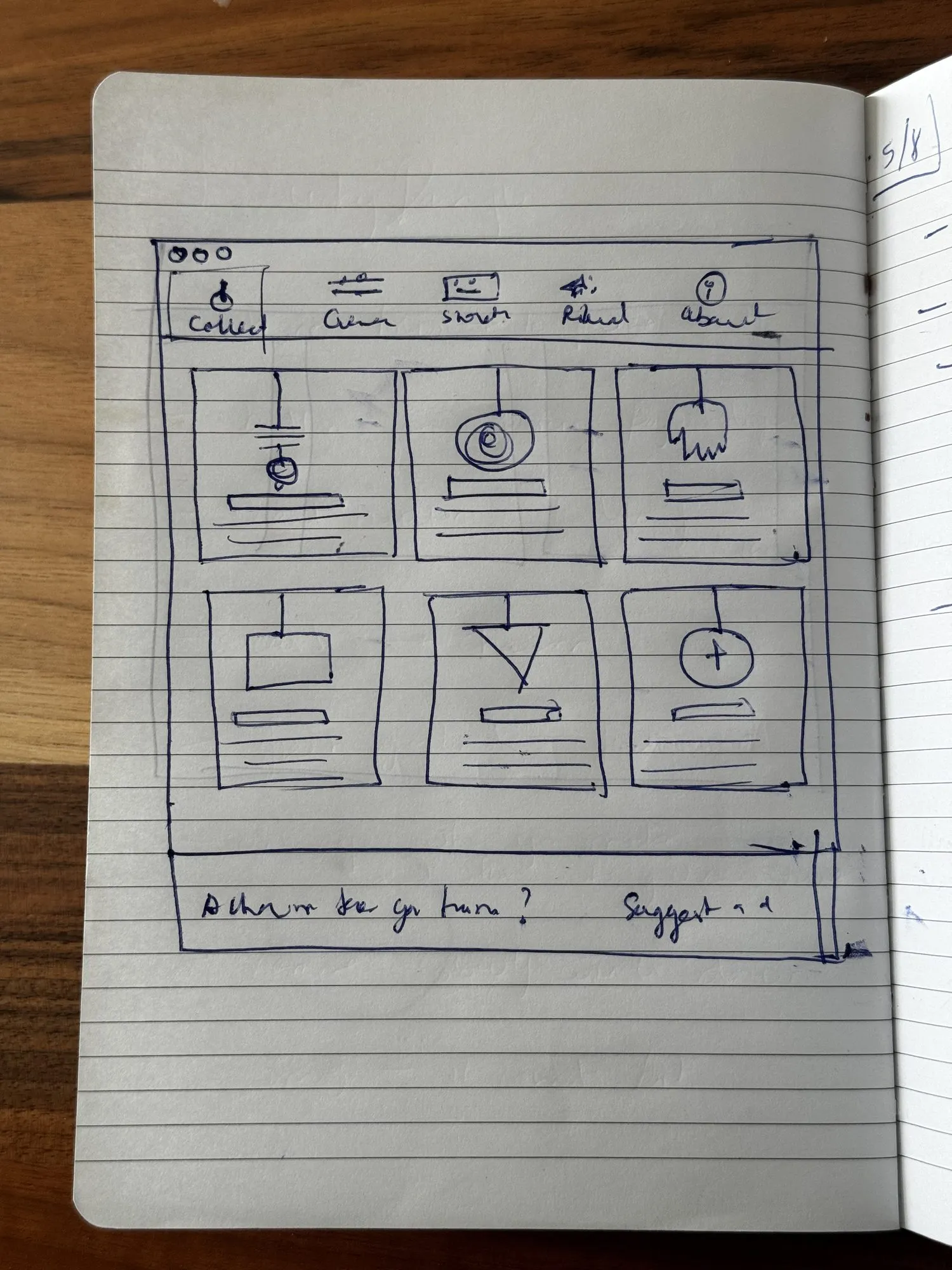 A notebook wireframe of the gallery window: a grid of large charm cards, each with a hanging charm and a plaque of text below