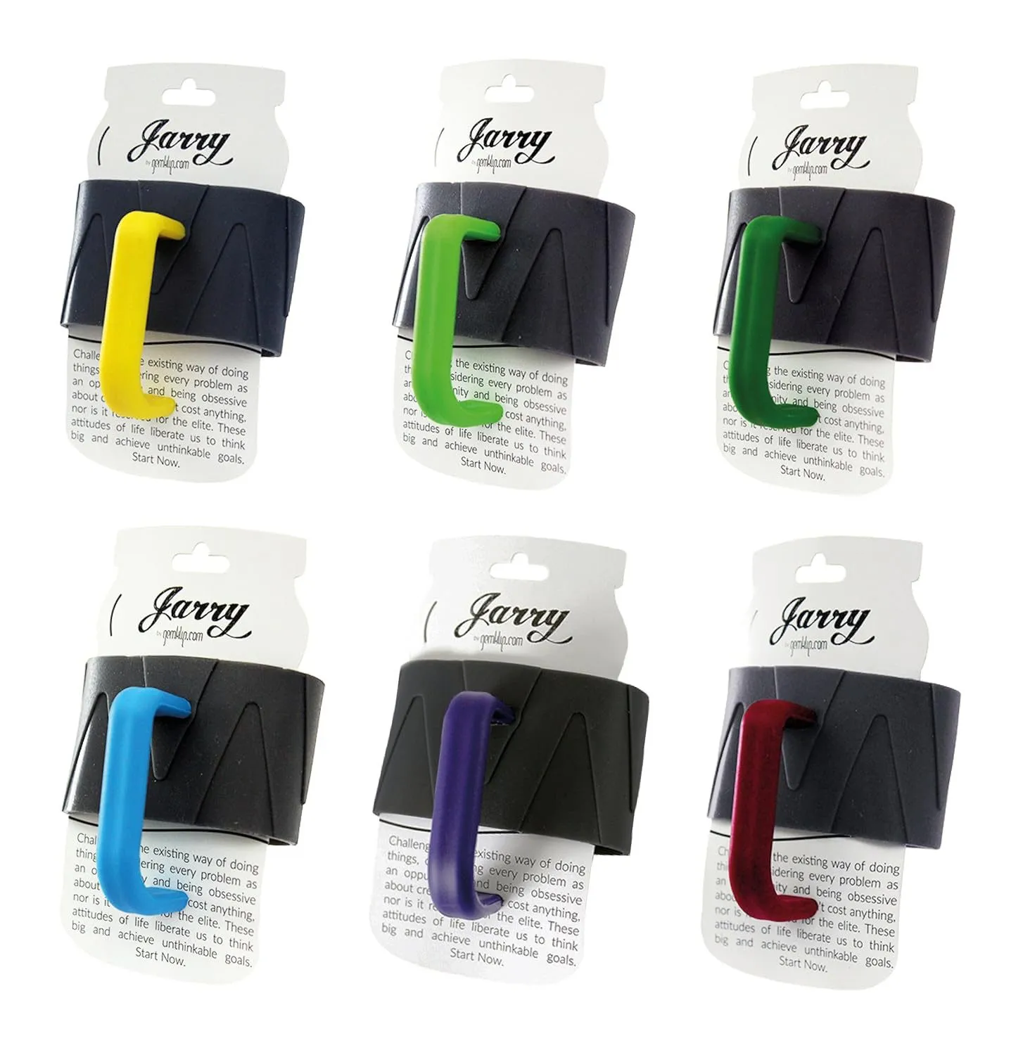Six Jarry sets on their jar-shaped backing cards, one for each handle colour