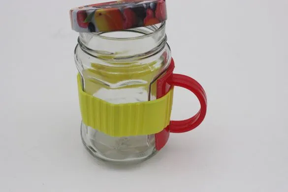 The same jar wearing the yellow band with the red handle tucked under it