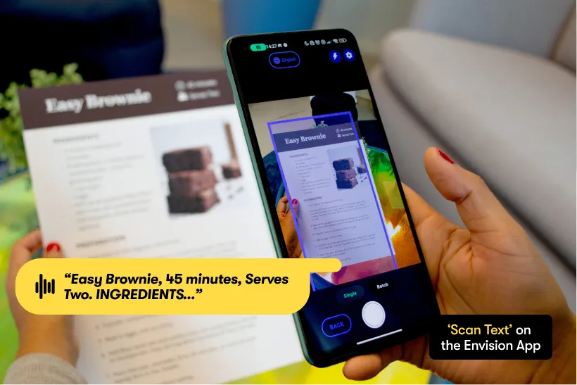 Scan Text in use on Android: a printed recipe card photographed and read back in full, “Easy Brownie, 45 minutes, Serves Two. INGREDIENTS…”
