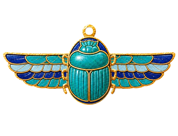 The scarab master, faience, lapis and hammered gold, with its Egyptian pectoral wings spread wide