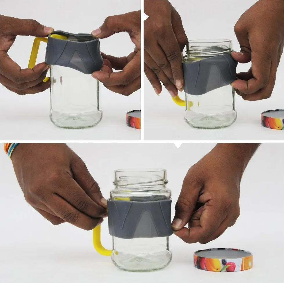 Three steps of fitting Jarry: pulling the band open with the handle already in place, working it down over the rim of an empty jar, and settling it around the middle
